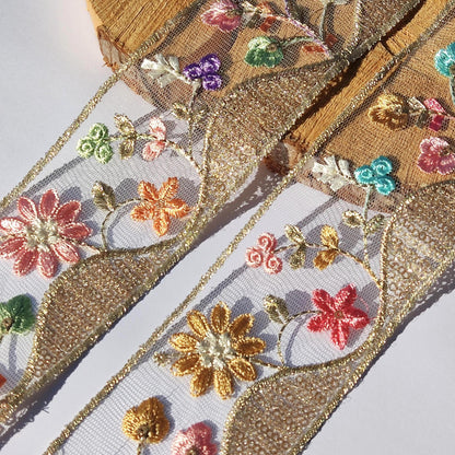 Cottage Garden Embroidered Floral Sheer Ribbon Trim with Sequin- 6cm Gold Flower Mesh Net -Per yard -DIY Craft Embellishment, Dress making