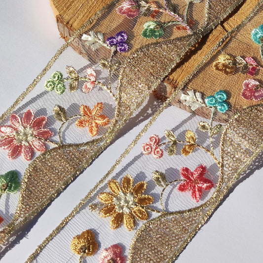 Cottage Garden Embroidered Floral Sheer Ribbon Trim with Sequin- 6cm Gold Flower Mesh Net -Per yard -DIY Craft Embellishment, Dress making