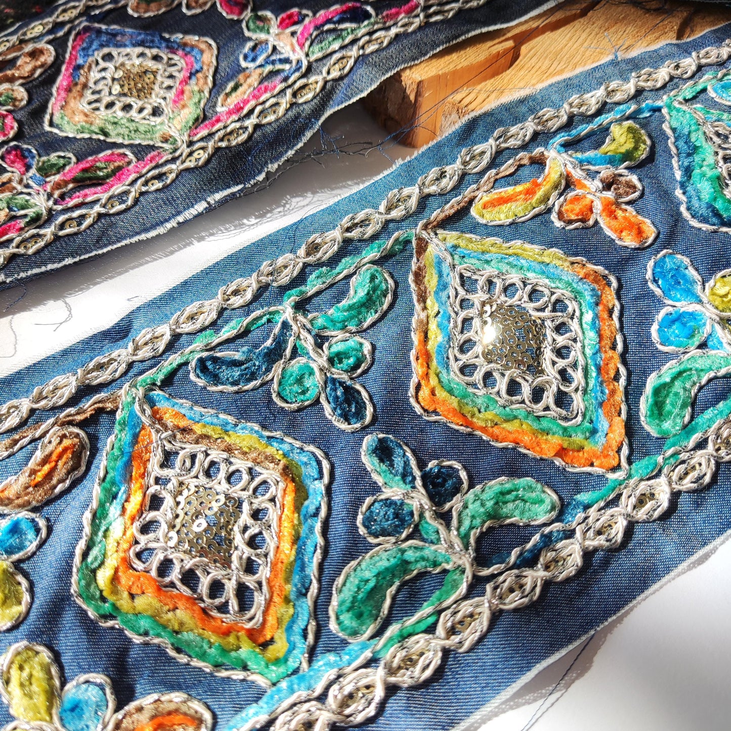 12cm Wide Heavily Embroidered Denim Ribbon Trim– Metallic Thread, Sequins, Frayed Edge  Border- For Dressmaking, Home decor