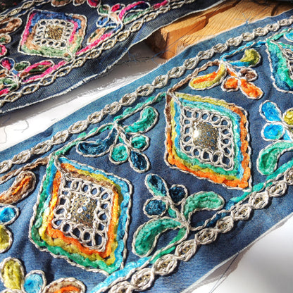 12cm Wide Heavily Embroidered Denim Ribbon Trim– Metallic Thread, Sequins, Frayed Edge  Border- For Dressmaking, Home decor