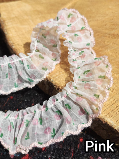 Floral on Grid Sheer Chiffon Trim with Scallop Edge -Per Yard -2cm Width Frilly Border for Sewing, Doll Clothes, Scrunchie DIY