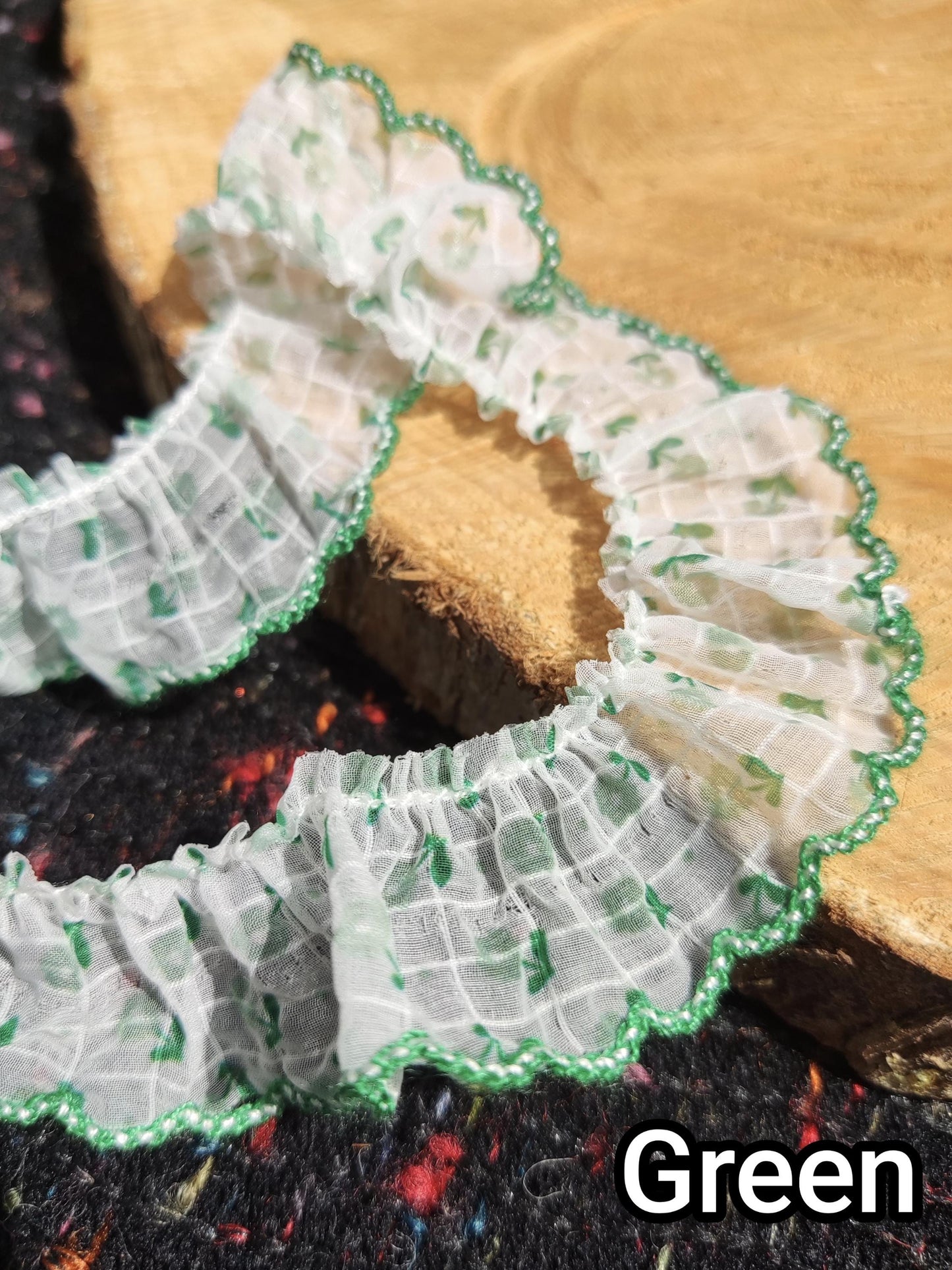 Floral on Grid Sheer Chiffon Trim with Scallop Edge -Per Yard -2cm Width Frilly Border for Sewing, Doll Clothes, Scrunchie DIY