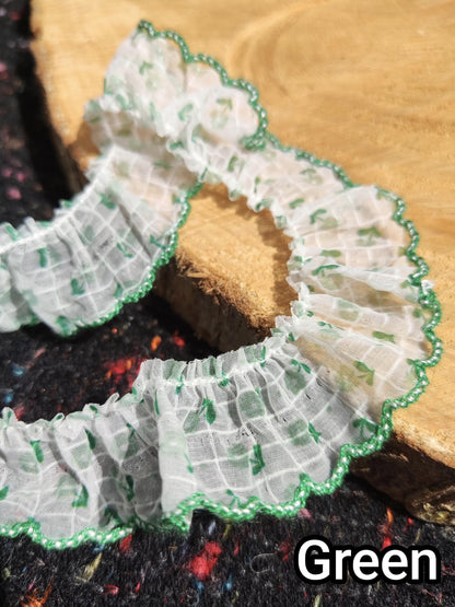 Floral on Grid Sheer Chiffon Trim with Scallop Edge -Per Yard -2cm Width Frilly Border for Sewing, Doll Clothes, Scrunchie DIY