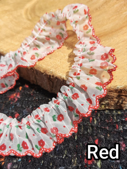 Floral on Grid Sheer Chiffon Trim with Scallop Edge -Per Yard -2cm Width Frilly Border for Sewing, Doll Clothes, Scrunchie DIY
