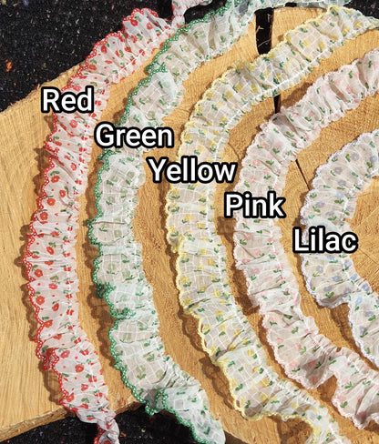 Floral on Grid Sheer Chiffon Trim with Scallop Edge -Per Yard -2cm Width Frilly Border for Sewing, Doll Clothes, Scrunchie DIY