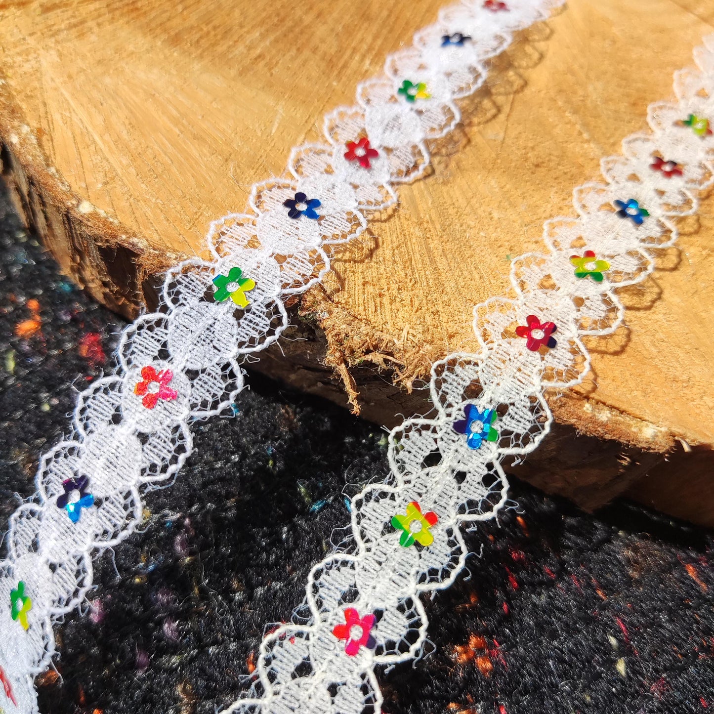 Delicate Lace trim with Rainbow Sequin Flower-1.5cm White/Ivory floral embellishment/edging-DIY Sewing/Doll Making/Scrapbooking/Junk journal