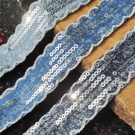 Distressed Denim Ribbon/Trim with Sequin- 25mm width Wavy Embroidered Scallop Edge in Blue/Black -Per yard -DIY Hats Bags Jeans