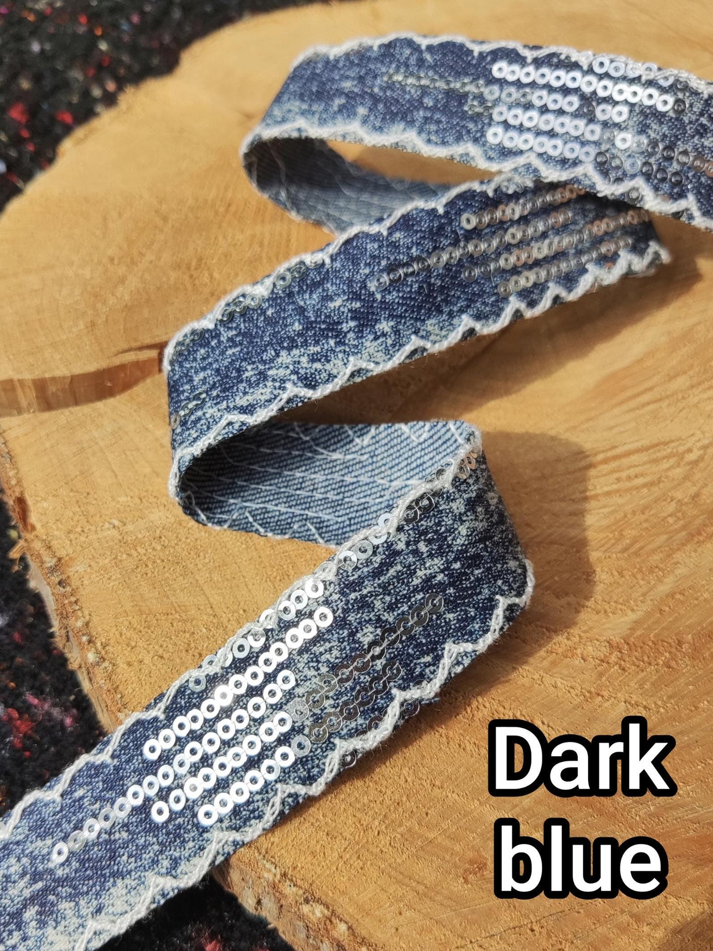 Distressed Denim Ribbon/Trim with Sequin- 25mm width Wavy Embroidered Scallop Edge in Blue/Black -Per yard -DIY Hats Bags Jeans