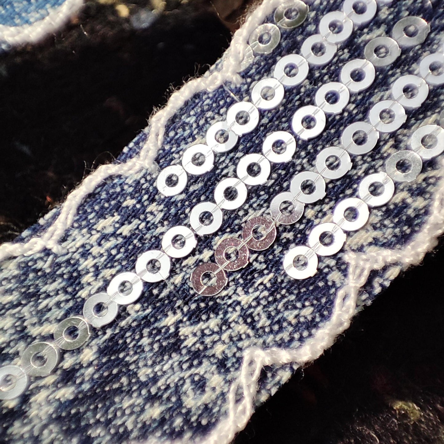Distressed Denim Ribbon/Trim with Sequin- 25mm width Wavy Embroidered Scallop Edge in Blue/Black -Per yard -DIY Hats Bags Jeans