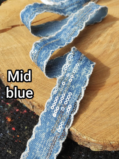 Distressed Denim Ribbon/Trim with Sequin- 25mm width Wavy Embroidered Scallop Edge in Blue/Black -Per yard -DIY Hats Bags Jeans