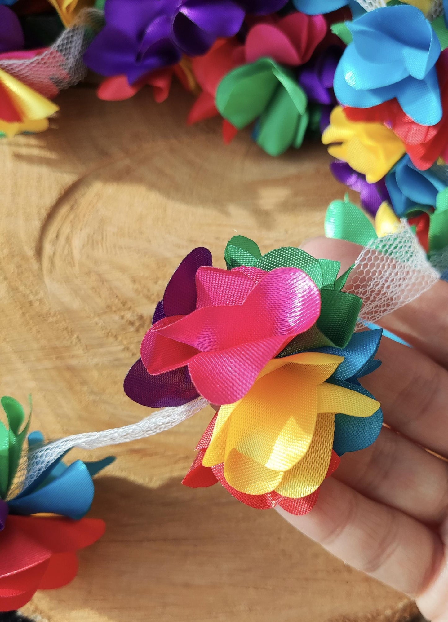 Rainbow Satin Flower Garland- Per yard -5cm Width 3D Ribbon Pom Pom Chain- Pride Costume, Festival, Carnival Parade, Party decoration