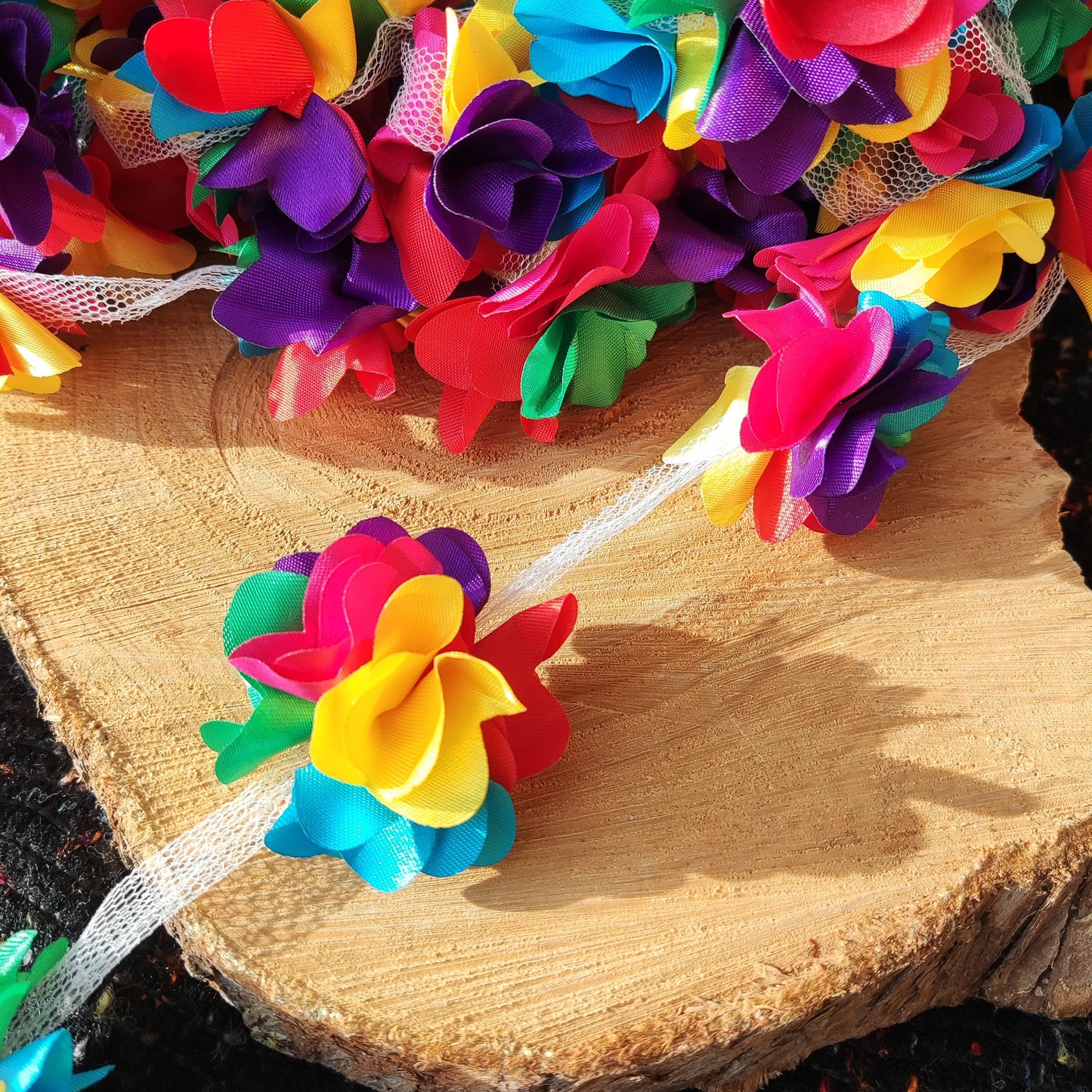 Rainbow Satin Flower Garland- Per yard -5cm Width 3D Ribbon Pom Pom Chain- Pride Costume, Festival, Carnival Parade, Party decoration