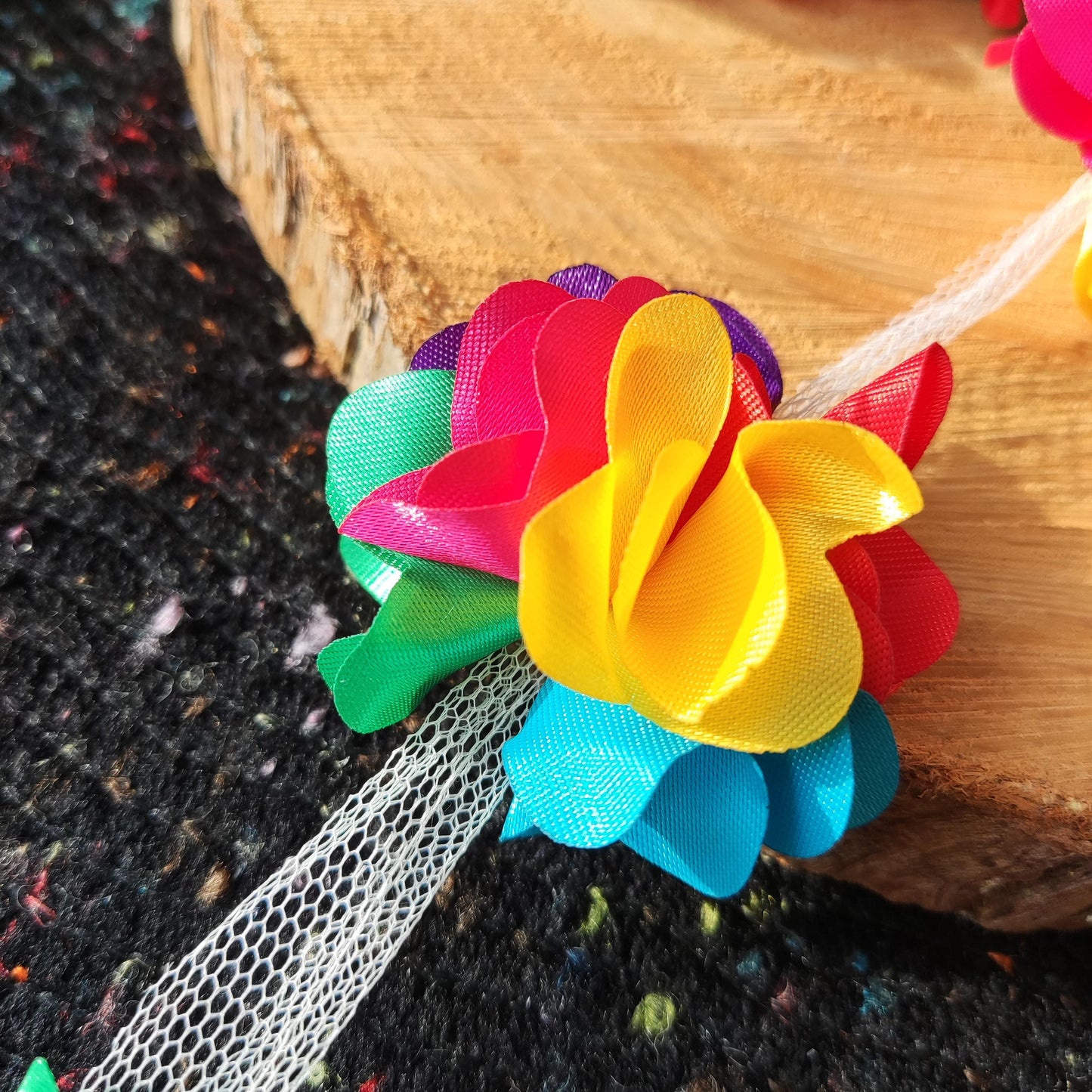 Rainbow Satin Flower Garland- Per yard -5cm Width 3D Ribbon Pom Pom Chain- Pride Costume, Festival, Carnival Parade, Party decoration