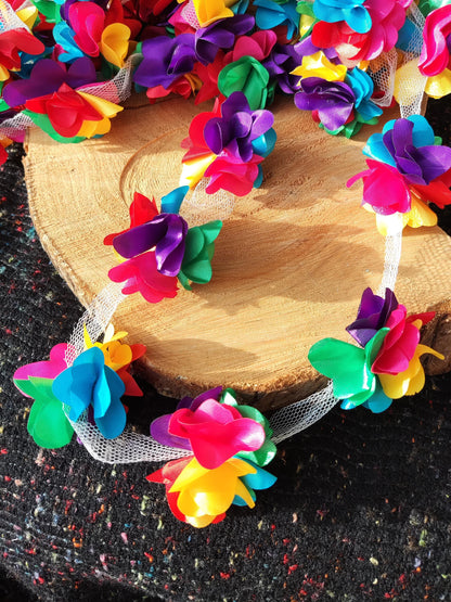 Rainbow Satin Flower Garland- Per yard -5cm Width 3D Ribbon Pom Pom Chain- Pride Costume, Festival, Carnival Parade, Party decoration