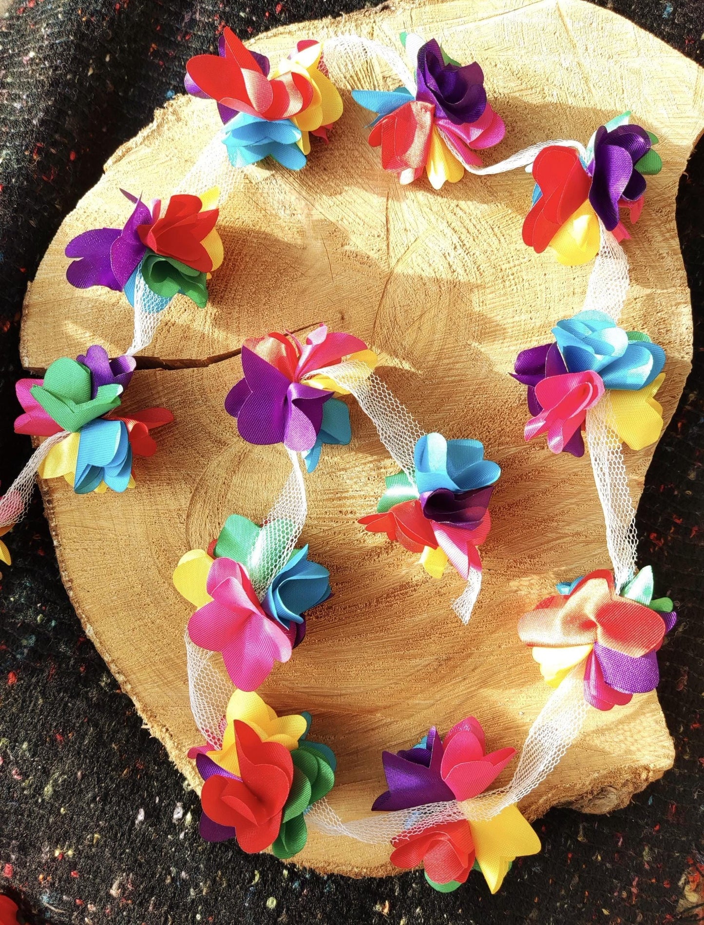 Rainbow Satin Flower Garland- Per yard -5cm Width 3D Ribbon Pom Pom Chain- Pride Costume, Festival, Carnival Parade, Party decoration