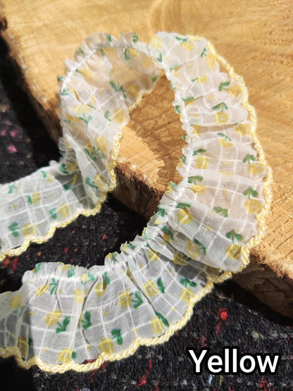 Floral on Grid Sheer Chiffon Trim with Scallop Edge -Per Yard -2cm Width Frilly Border for Sewing, Doll Clothes, Scrunchie DIY