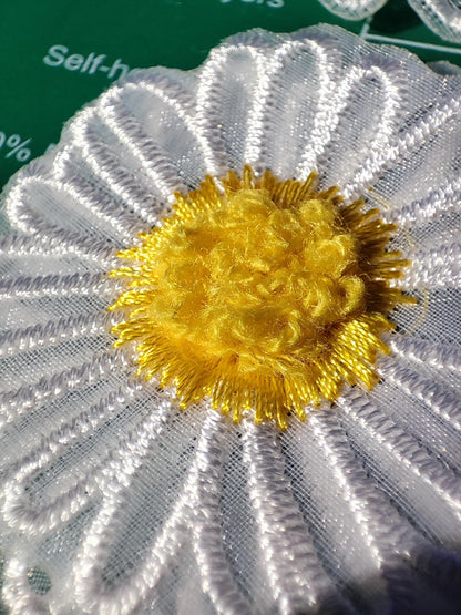 White Daisy Flower Embroidered Organza Applique with 3D Yellow Middle- Single or Double Layer Sew on Floral Motif Patch
