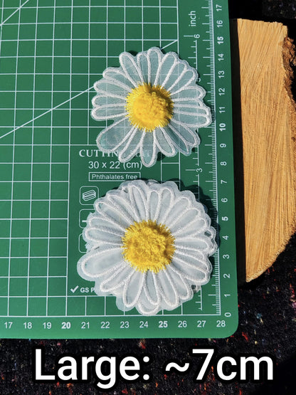 White Daisy Flower Embroidered Organza Applique with 3D Yellow Middle- Single or Double Layer Sew on Floral Motif Patch