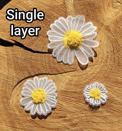 White Daisy Flower Embroidered Organza Applique with 3D Yellow Middle- Single or Double Layer Sew on Floral Motif Patch