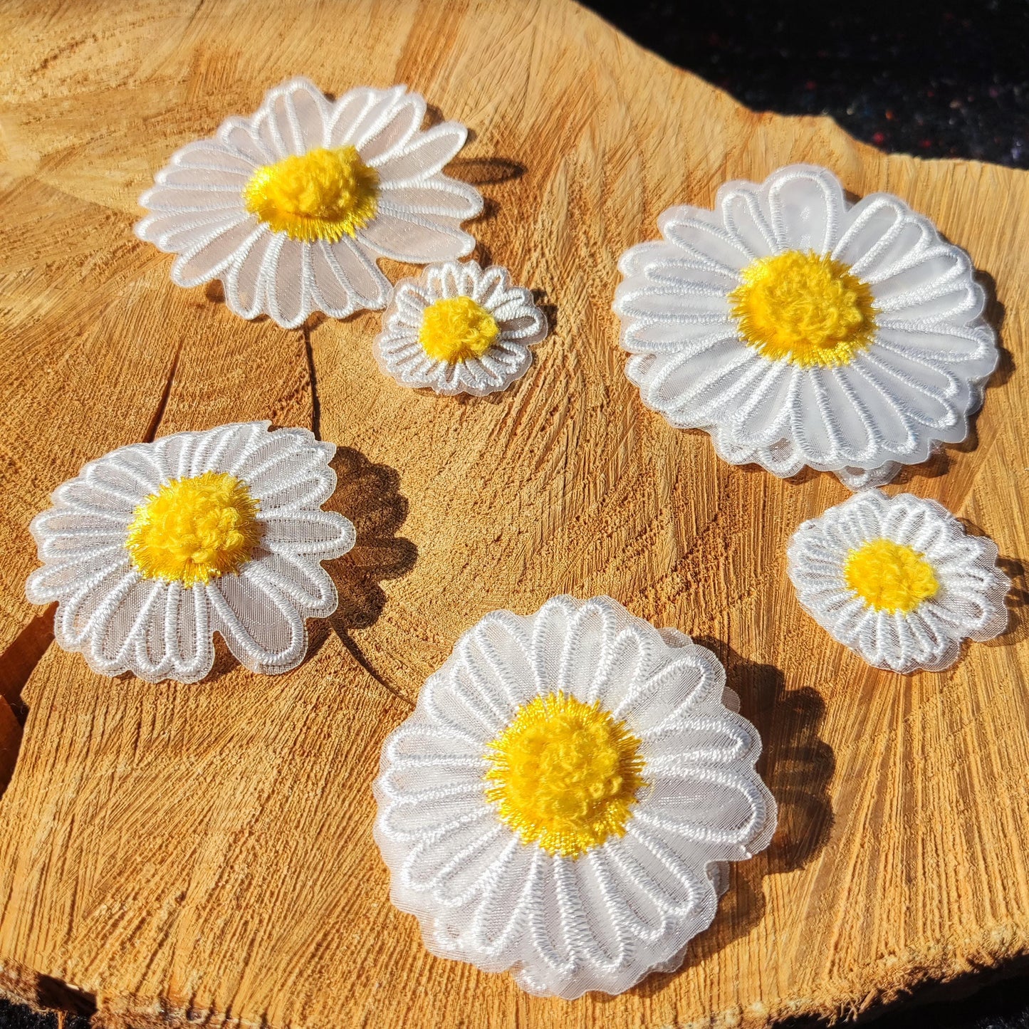 White Daisy Flower Embroidered Organza Applique with 3D Yellow Middle- Single or Double Layer Sew on Floral Motif Patch