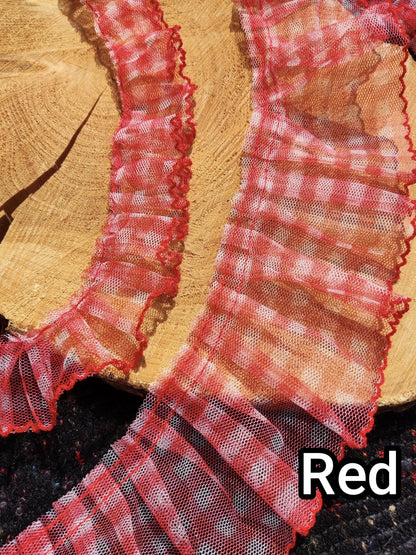 Sheer Gingham Tulle Ruffle Trim with Scallop Edge- Per yard- 3cm or 6cm Width Gathered Mesh Border with Checked pattern