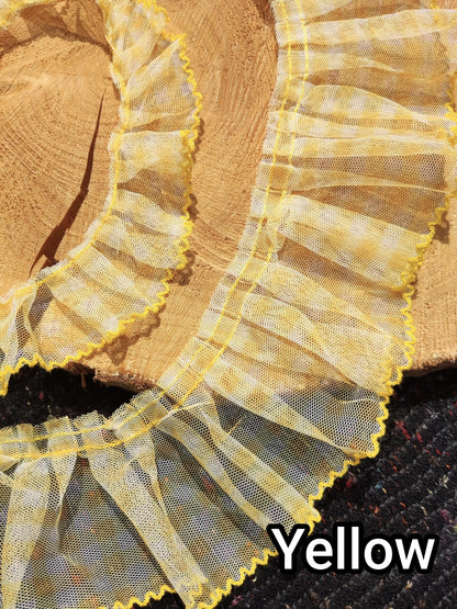 Sheer Gingham Tulle Ruffle Trim with Scallop Edge- Per yard- 3cm or 6cm Width Gathered Mesh Border with Checked pattern
