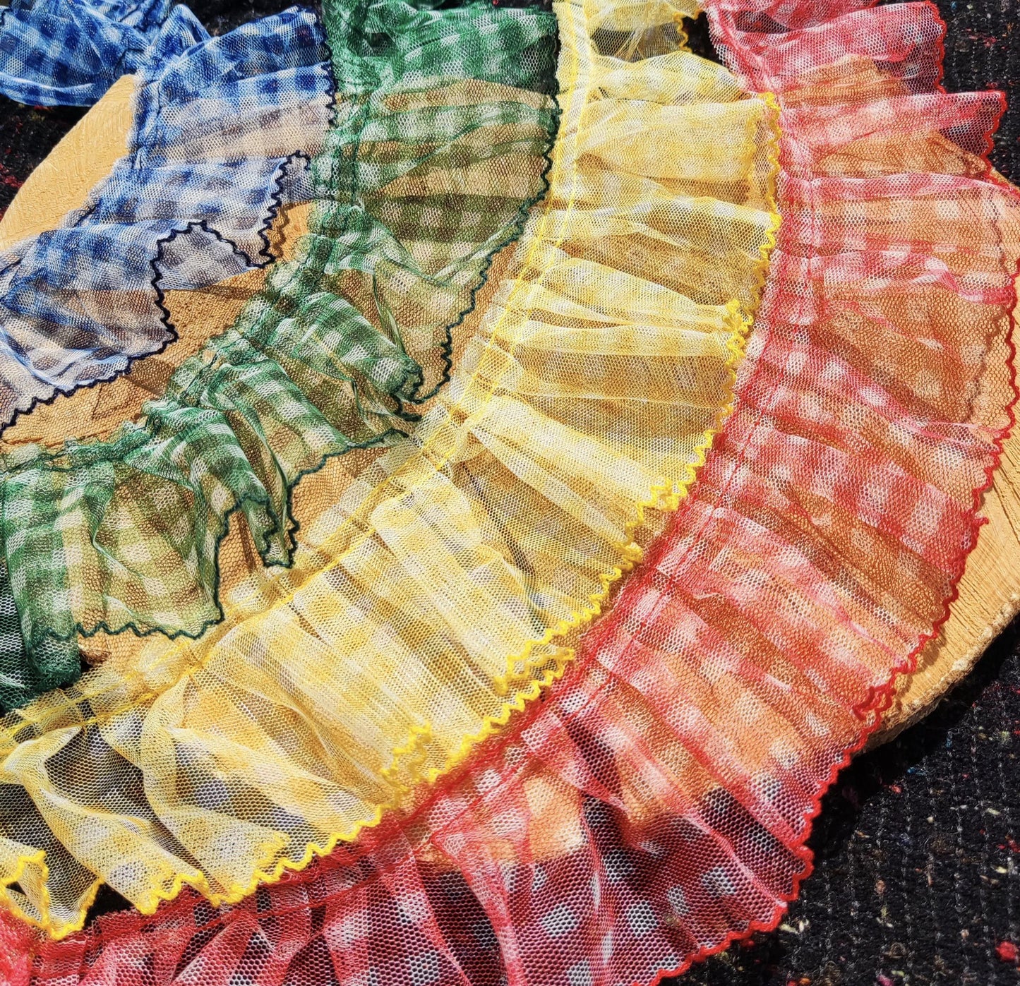 Sheer Gingham Tulle Ruffle Trim with Scallop Edge- Per yard- 3cm or 6cm Width Gathered Mesh Border with Checked pattern