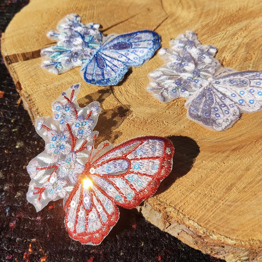 Fairytale Butterfly Floral Lace Applique with Sequin- Sew on Embroidered Organza Motif, Sparkly Patch