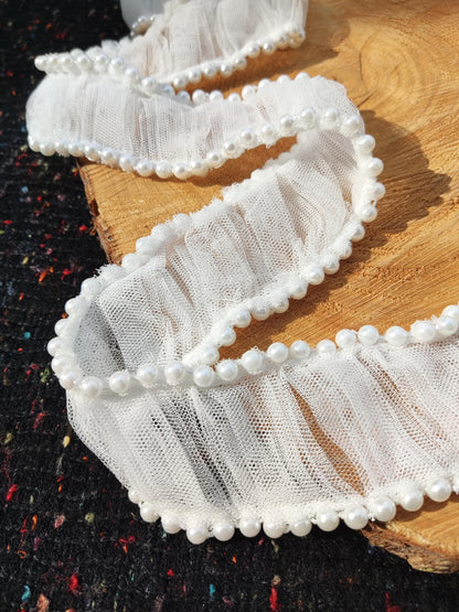 5cm Beaded Off White Tulle Trim: Pleated Faux Pearl Border- Sold by the yard
