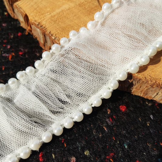 5cm Beaded Off White Tulle Trim: Pleated Faux Pearl Border- Sold by the yard
