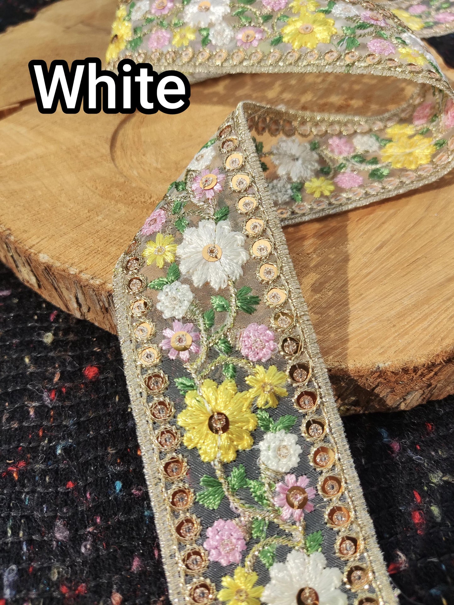 Embroidered Floral Sheer Ribbon Trim with Sequins- per yard- 4cm Luxury Flower Border Edging on Mesh Net fabric- DIY costume, Dress making