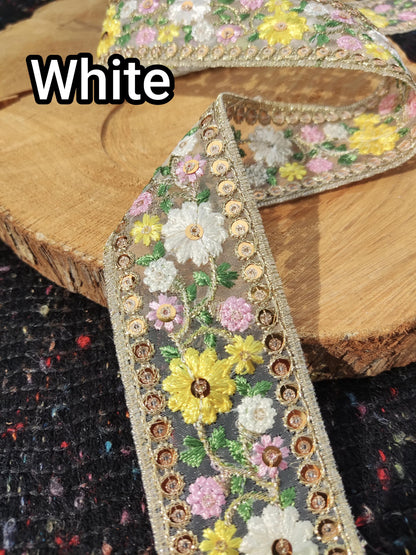 Embroidered Floral Sheer Ribbon Trim with Sequins- per yard- 4cm Luxury Flower Border Edging on Mesh Net fabric- DIY costume, Dress making