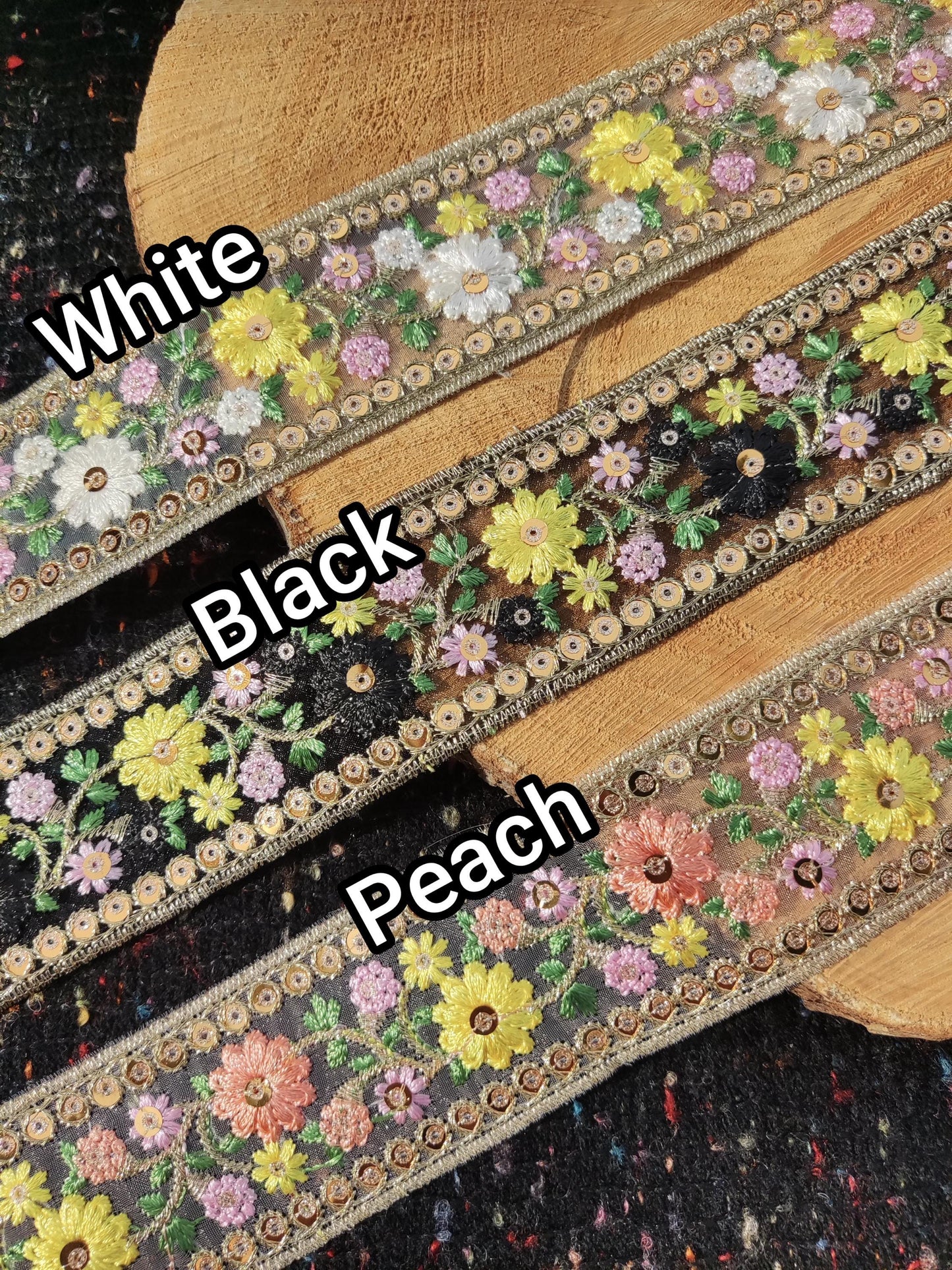 Embroidered Floral Sheer Ribbon Trim with Sequins- per yard- 4cm Luxury Flower Border Edging on Mesh Net fabric- DIY costume, Dress making