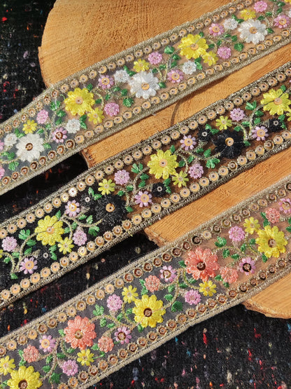 Embroidered Floral Sheer Ribbon Trim with Sequins- per yard- 4cm Luxury Flower Border Edging on Mesh Net fabric- DIY costume, Dress making