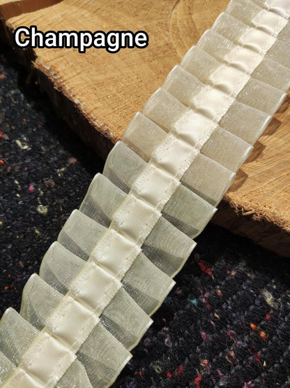 Pleated Organza Trim with Satin Ribbon Middle -Per yard- 4cm Gathered Ruffle Border- For Sewing, Dressmaking, Doll Clothes