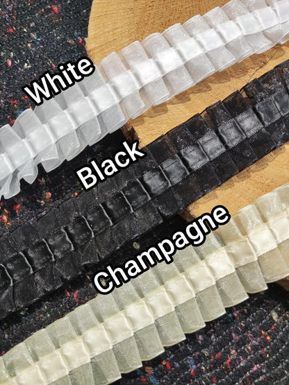 Pleated Organza Trim with Satin Ribbon Middle -Per yard- 4cm Gathered Ruffle Border- For Sewing, Dressmaking, Doll Clothes