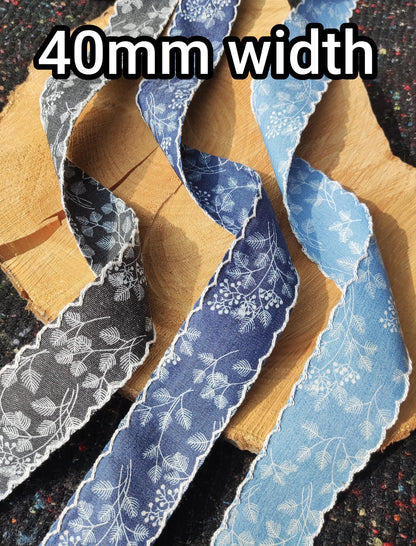 Botanic Floral Denim Ribbon Trim- 25mm or 40mm wide with Straight or Wavy Embroidered Scallop Edge - Per yard-DIY Hats Bags Jeans
