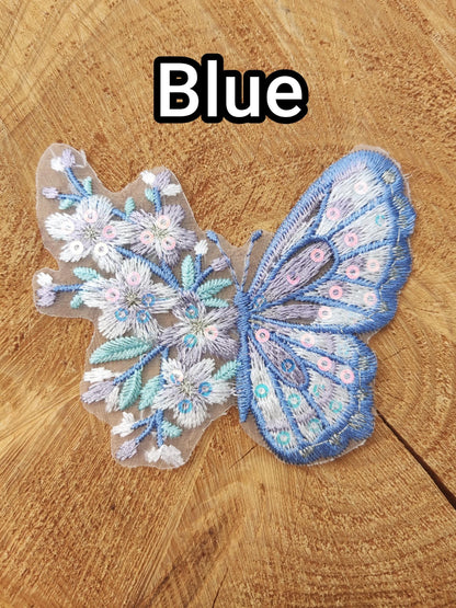 Fairytale Butterfly Floral Lace Applique with Sequin- Sew on Embroidered Organza Motif, Sparkly Patch
