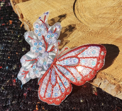 Fairytale Butterfly Floral Lace Applique with Sequin- Sew on Embroidered Organza Motif, Sparkly Patch