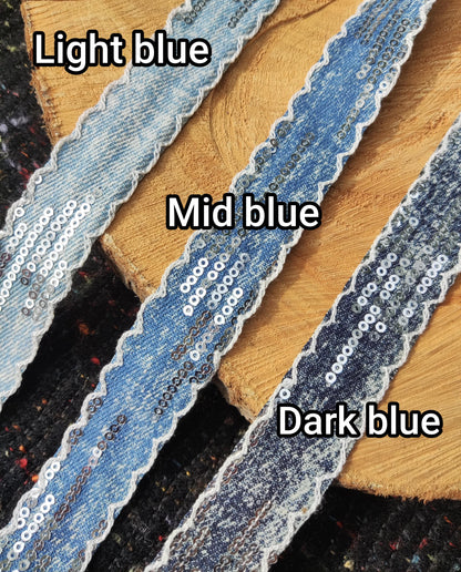 Distressed Denim Ribbon/Trim with Sequin- 25mm width Wavy Embroidered Scallop Edge in Blue/Black -Per yard -DIY Hats Bags Jeans