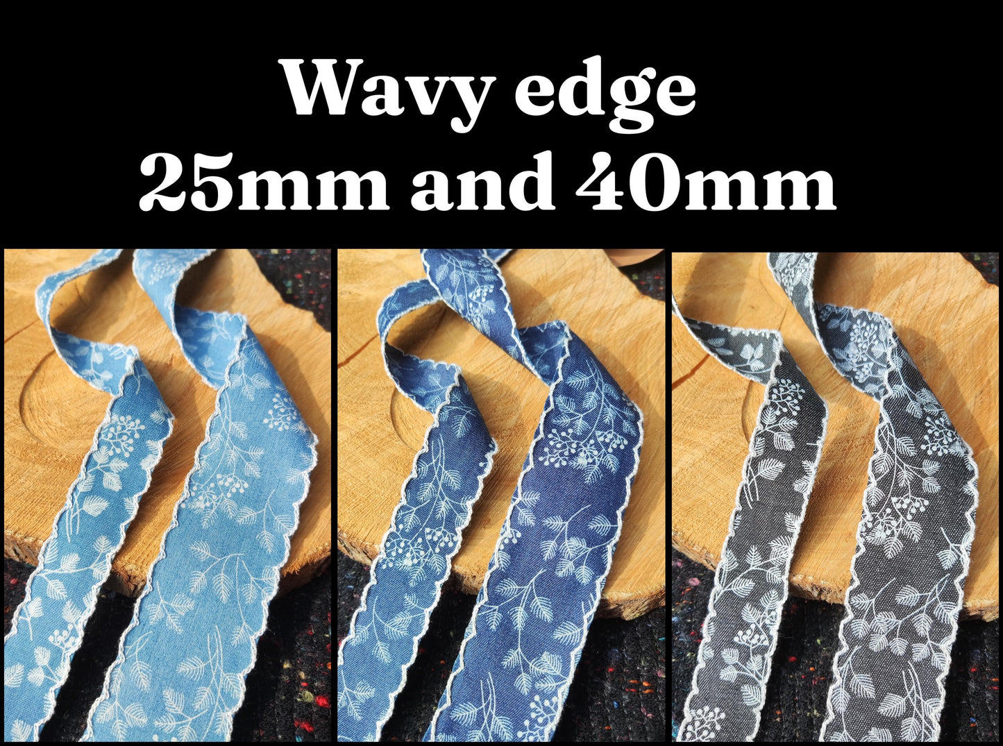 Botanic Floral Denim Ribbon Trim- 25mm or 40mm wide with Straight or Wavy Embroidered Scallop Edge - Per yard-DIY Hats Bags Jeans