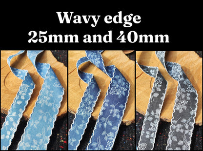 Botanic Floral Denim Ribbon Trim- 25mm or 40mm wide with Straight or Wavy Embroidered Scallop Edge - Per yard-DIY Hats Bags Jeans