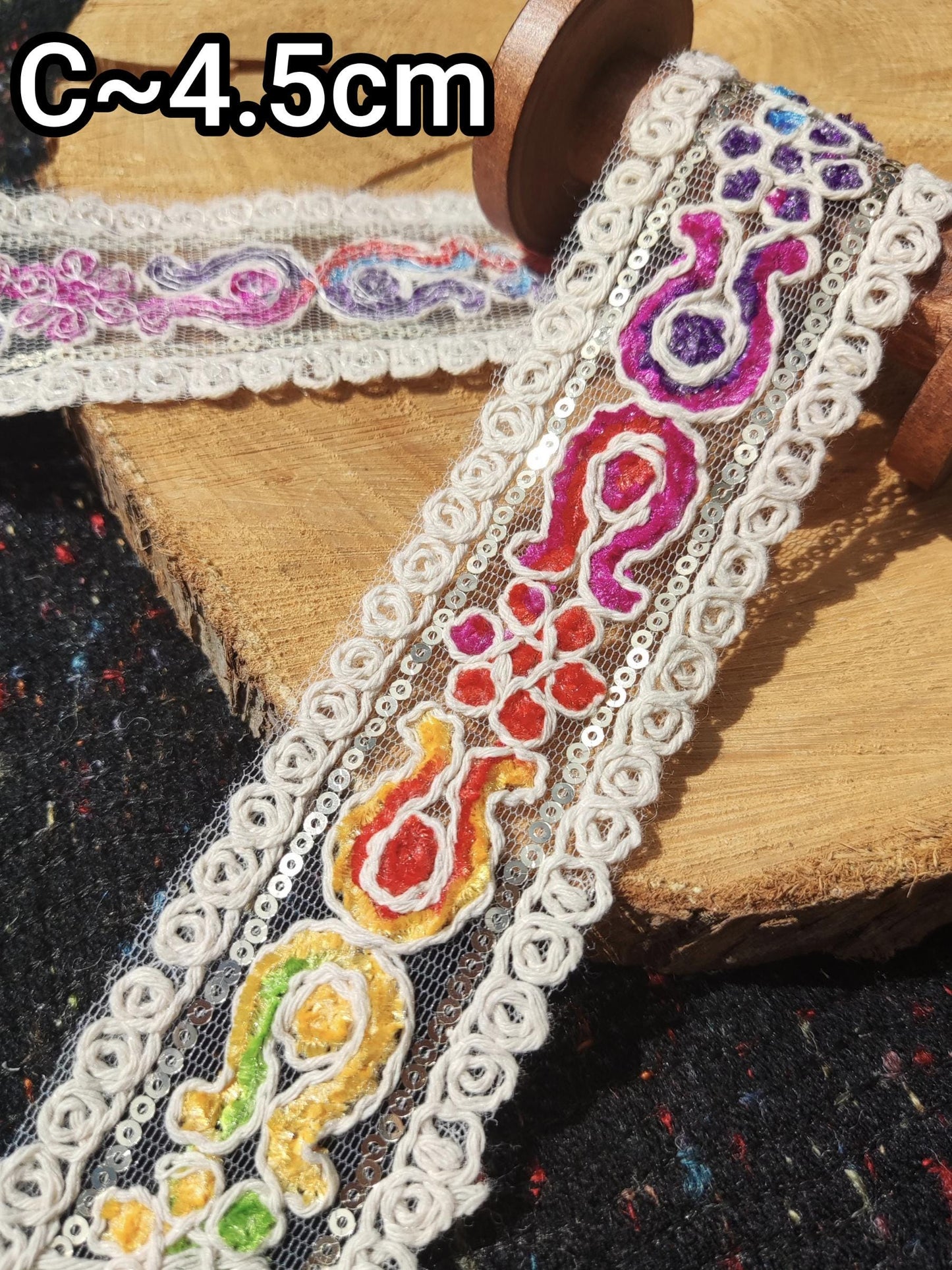 Chenille Embroidered Rainbow Trim- Per yard- 4cm Width Beige Sheer Mesh Ribbon with Sequin for Sewing, Costume DIY, Dressmaking