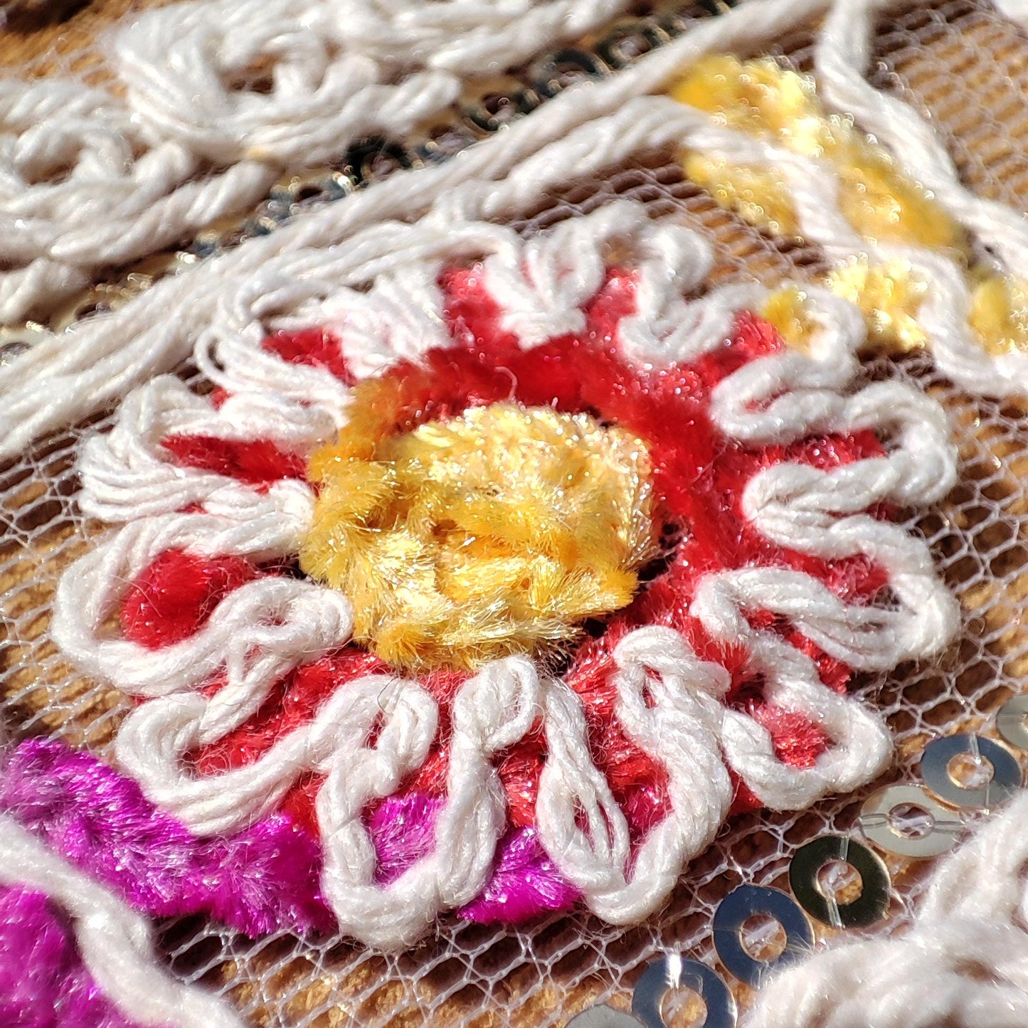 Chenille Embroidered Rainbow Trim- Per yard- 4cm Width Beige Sheer Mesh Ribbon with Sequin for Sewing, Costume DIY, Dressmaking