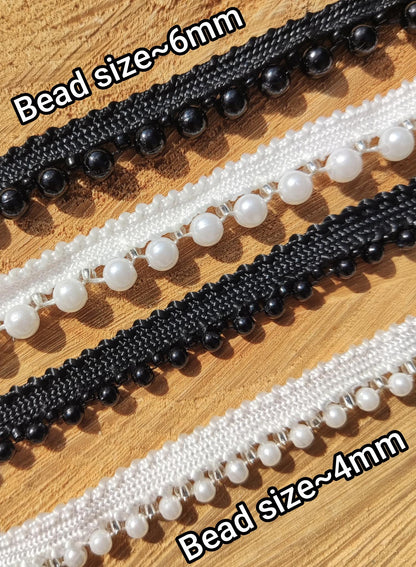 1cm Faux Pearl Beaded Trim: Black or White - Sold by the yard
