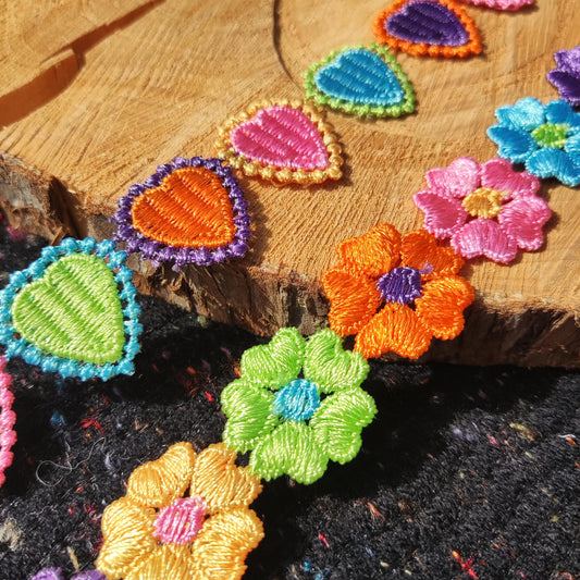 Colourful Embroidered Floral & Heart 2.5cm width Trim -Per yard- Multi colored Rainbow Flower Embellishment- DIY Sewing, Costumes,Scrapbook