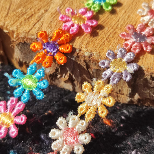 Colourful Embroidered Daisy Chain Trim -Per yard-  1.2cm Narrow Multi colored Rainbow Flower Embellishment-DIY Sewing, Costume, Scrapbooking