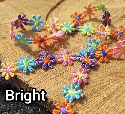 Colourful Embroidered Daisy Chain Trim -Per yard-  1.2cm Narrow Multi colored Rainbow Flower Embellishment-DIY Sewing, Costume, Scrapbooking