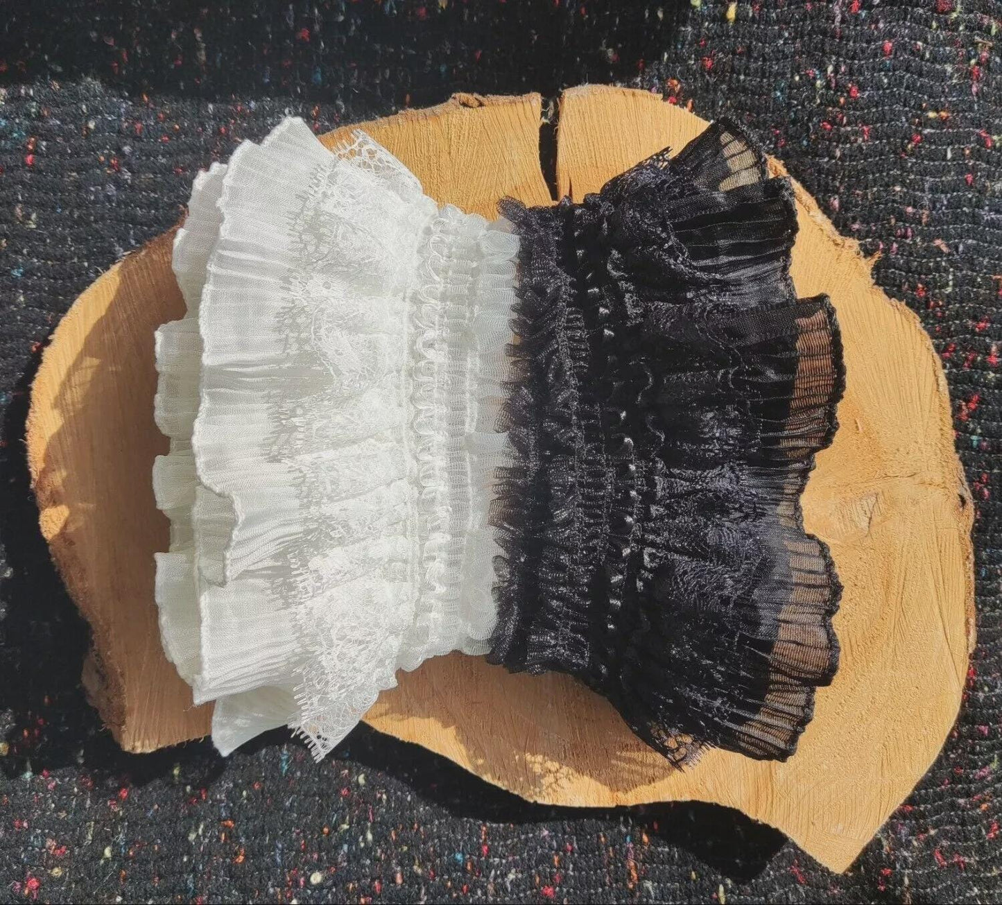 Stretchy Pleated Chiffon Trim with Lace Layer- 9cm width Gathered Elastic Ruffle Border For Doll making, Cosplay Costume, Upholstery, Hat