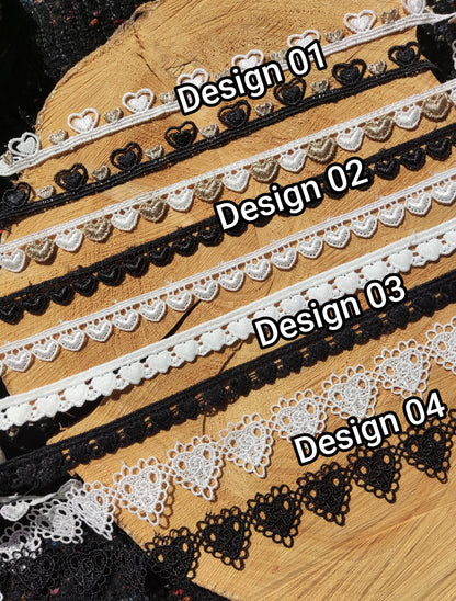 Love Heart Design Lace trim/Fine Ribbon Embellishment -1 yard- White/Black -DIY Sewing/Doll Making/Scrapbooking/Wedding Bridal